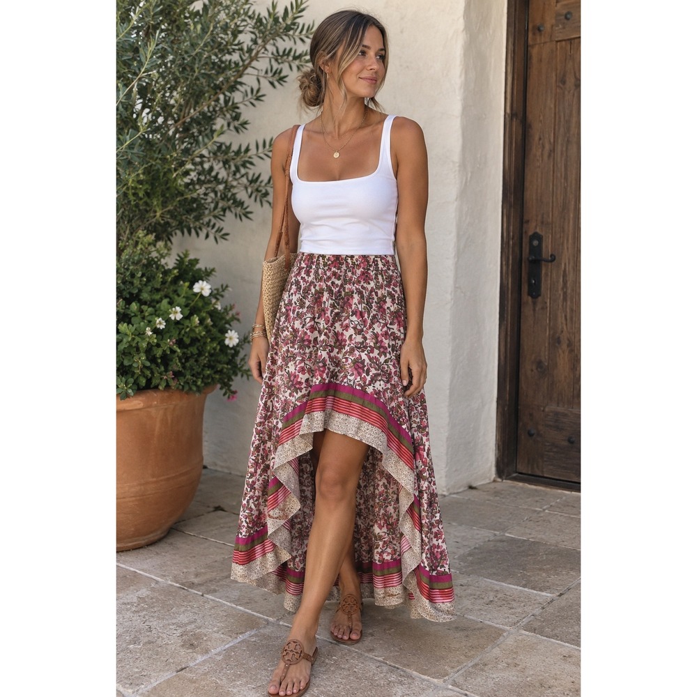 BTFBM Womens Floral High Low Maxi‎ Skirt Pink Green Smocked Waist Boho Size S